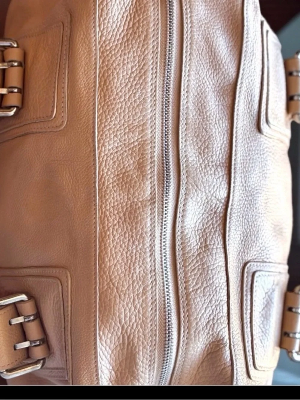 AUTHENTIC FURLA BUTTERY TAN PEBBLE LEATHER SHOULDER BAG SIDE POCKETS SILVER HW